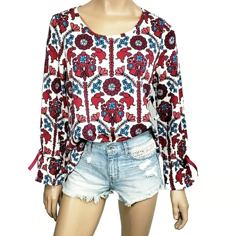 Crown & Ivy Women's Elephant Print Knit Top Tie Bell Sleeve PM Multicolor